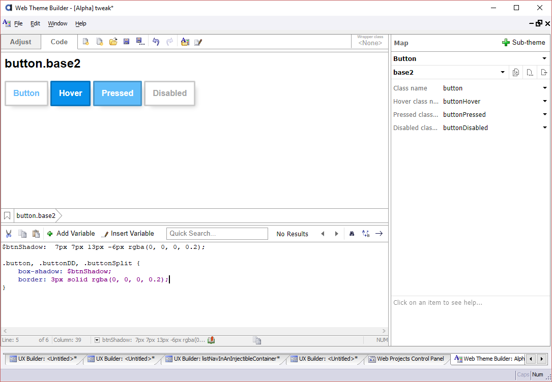 Modifications are made on the Code tab in the Web Theme Builder